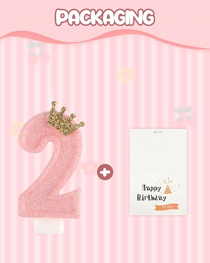 Birthday Candles for Cake, Pink Number Candles, Cake Candles with Greeting Card for Birthday Party Wedding Anniversary Celebrations (2 Candle)