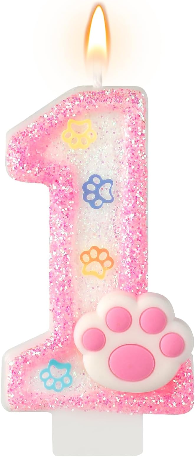 AKURIEEY Dog and Cat 1st Birthday Candle Pink Numbers 1 Candle Paw Cake Topper Cupcake Decorations for Pet Theme Party Decor Anniversary Celebrations Supplies