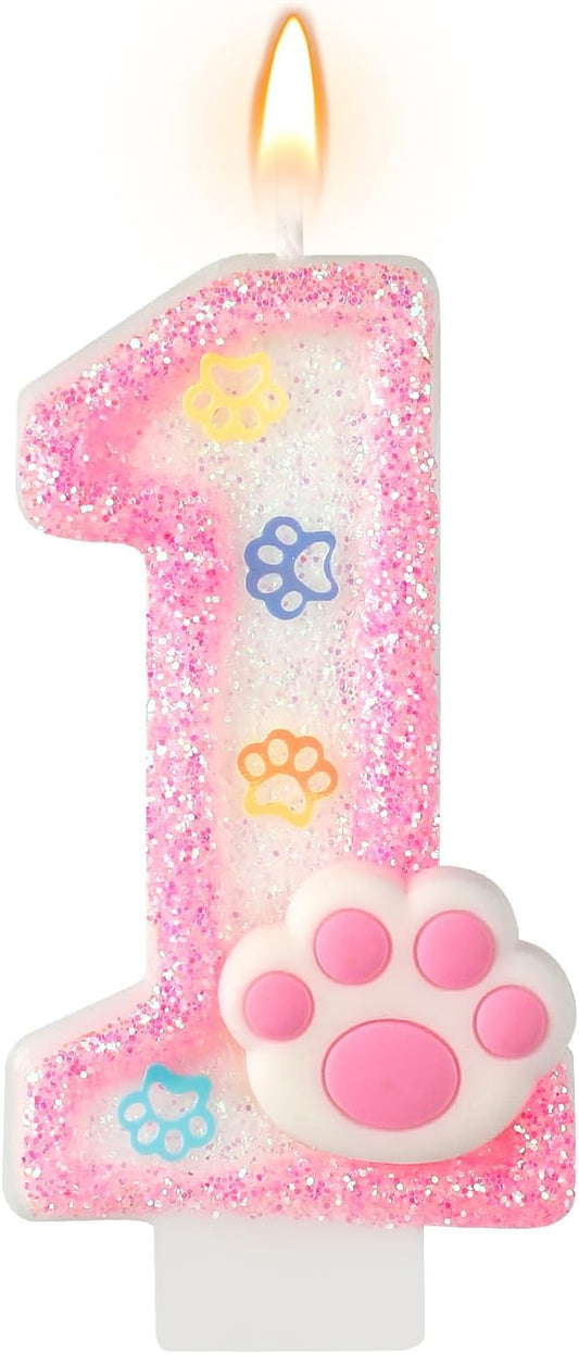 AKURIEEY Dog and Cat 1st Birthday Candle Pink Numbers 1 Candle Paw Cake Topper Cupcake Decorations for Pet Theme Party Decor Anniversary Celebrations Supplies