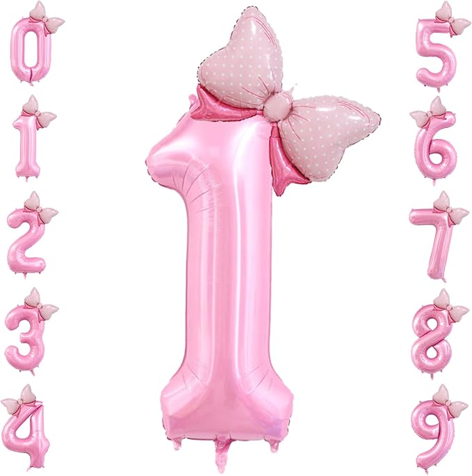 40 inch Number 1 Balloon with Bow Pink Happy Birthday Jumbo Number Balloon for Girls Daughter Birthday Decorations Party Supplies (Number 1)