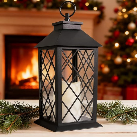 13.5" Black Vintage Candle Lantern with LED Pillar Candle and Timer - IP44 Waterproof Outdoor Decorative Hanging Lantern Porch Light