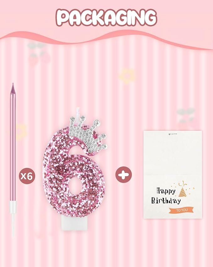 Birthday Candles for Cake, Pink Number Candles, Cake Candles with Greeting Card for Birthday Party Wedding Anniversary Celebrations (6 Candle, Silver Crown)
