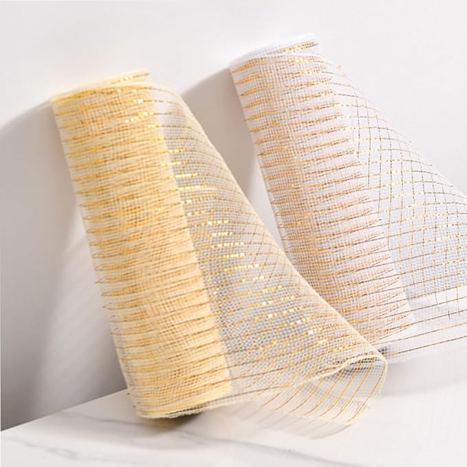 3 Rolls Milk White Deco Mesh Ribbon for Wreath Making Supplies, 10 Inch x 30FT Metallic Foil Burlap Deco Mesh Fabric for DIY Crafts Christmas Tree New Year Wreath Swags and Decorating