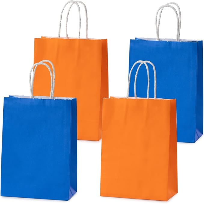 MISU Paper Bags Party Favor Bags Kraft Paper Gift Bags with Handle, Small, 8.3x5.9x3.2 Inches, 16-Pack (Orange, Blue)