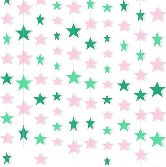 Patelai 130 Feet Glitter Star Garland Banner 2026 Party Decoration Double Side Star Hanging String Streamer Paper Twinkle for Graduation Wedding Birthday (Pink and Green)