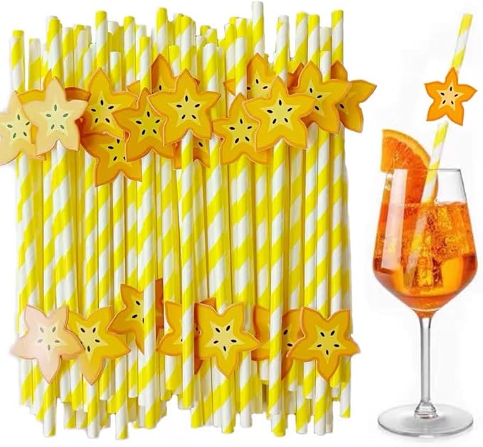 Yellow White Striped Paper Straws, Pack of 100 Disposable Yellow Lemon Drinking Straw for Cockatil, Cake Pop Sticks, Candy Sticks, Anniversary, Birthday Party Supplies