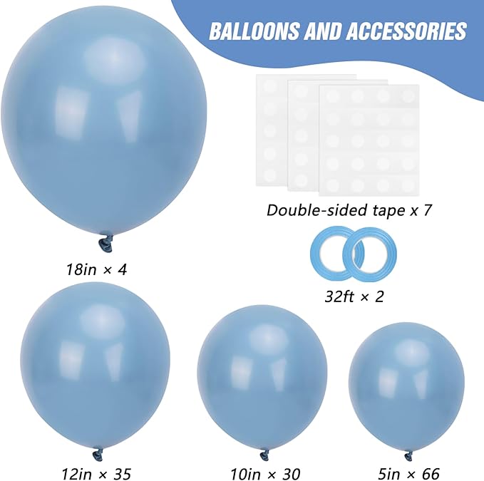 RUBFAC 135pcs Dusty Blue Balloons, Boho Neutral Blue Latex Balloon Different Sizes 18 12 10 5 Inch for Garland Arch Birthday Wedding Engagements Anniversary Baby Shower Party Supplies