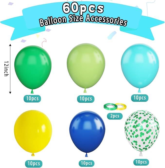 Paready Green and Blue Balloons, 60 Pcs 12 Inch Navy Teal Blue Dark Green Latex Balloons, Teal Yellow Light Green Confetti Balloon for Jungle Dinosaur Birthday Party Baby Shower Decorations