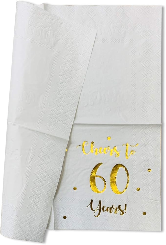Cheers to 60 Years Cocktail Napkins | Happy 60th Birthday Decorations for Men and Women and Wedding Anniversary Party Decorations | 50-Pack 3-Ply Napkins | 5 x 5 inch folded (White)