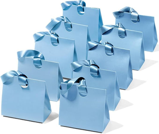 Vitalizart Paper Gift Bags With Ribbon Handles Set of 10 Blue Bulk Reusable For Gift Wrap Girls Kids Birthday Bridal Shower Party Favors Goodie Bags Candy Toys Christmas 7.87"x3.54"x7.09" Small Size