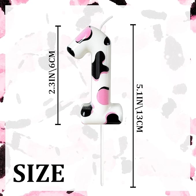 Number 1 Birthday Candle for Cake – Cow Print Design in White Black Pink – Farm Theme & Cowgirl Party Cake Topper Decoration