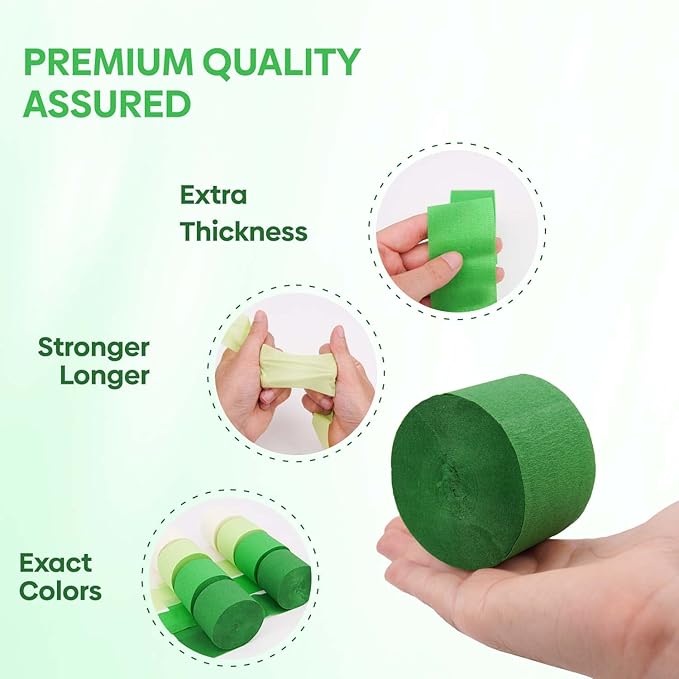 Captain Décor 8 Green Streamers with White, 656ft Pack of Green Crepe Paper Roll for Party Decorations, Party Streamers for Birthday Decorations (1.8 inch x 82 ft/Roll)