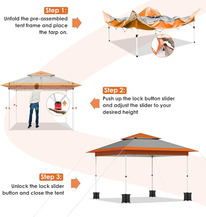 Arlopu Pop Up Canopy Tent with 1-Person Set up, Camping Instant Durable Shelter, Outdoor Gazebo Beach Shade with Wheeled Bag, 4 Sand Bags for Weight (Orange, 13FTX13FT)