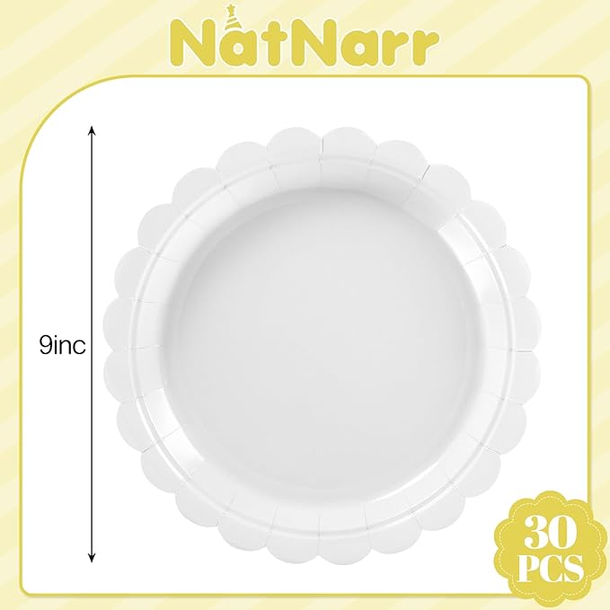 NatNarr 30 Pcs Scalloped Plates 9 Inch Disposable Graduation Paper Plates White Cute Dessert Cake Plate Dinner Party Plate for Congrats Grad, Wedding, Birthday, Engagement