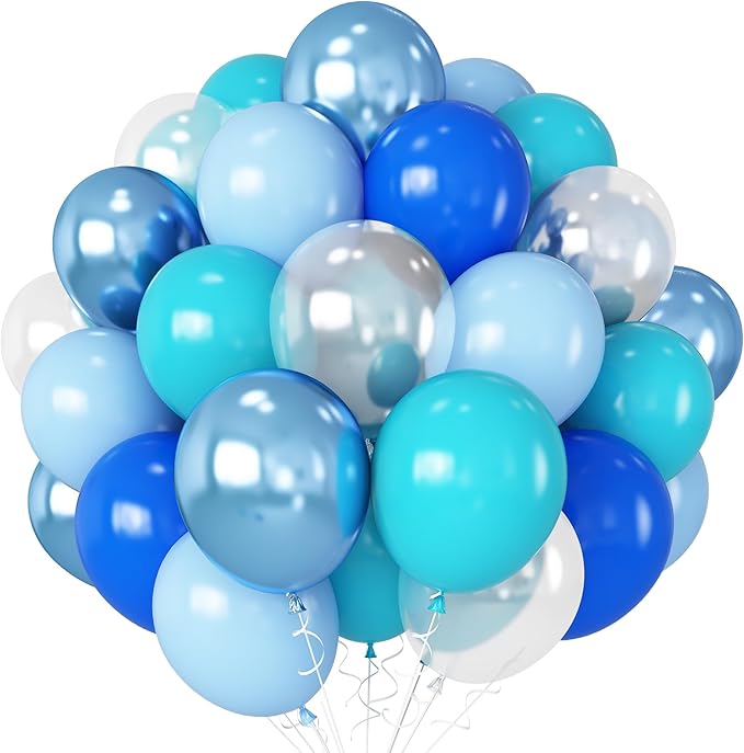 HILAVO Teal Blue Balloons 12 Inch 60pcs Ocean Turquoise Blue Party Balloons Transparent Metallic Pastel Light Blue Latex Helium Balloon for Under The Sea Birthday Baby Shower Shark Party Decorations