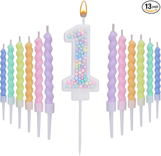 Number 1 Birthday Candles for Cake with 12 Pieces Spiral Candles with Macaron Pastel Rainbow Pink Cake Toppers for Girls Happy Birthday Party Decorations