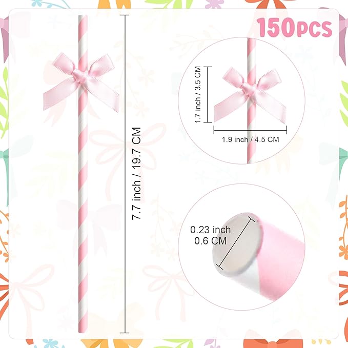 Potchen 150 Pcs Valentine's Day Bow Paper Straws Bulk Pink and White Disposable Striped Straws for Drinking, Valentines Theme Party Supplies for Birthday Wedding Cake Bachelorette Baby Shower Decor