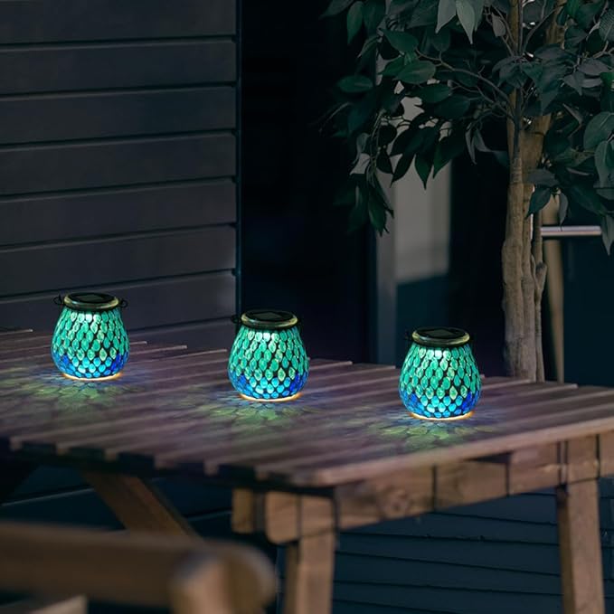 Starsoul 2 Pack Solar Lanterns Outdoor Waterproof, Elegant Blue Glass Mosaic Solar Lantern, Solar Hanging Lights Outside Patio Porch Yard Decor