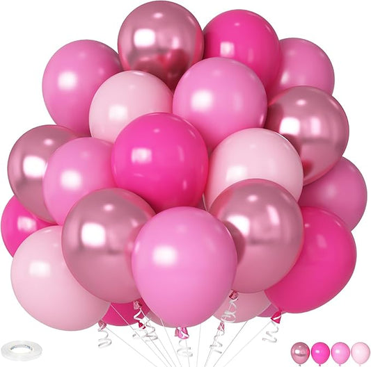 HILAVO Pink Mixed Balloons Set, 12 Inch Hot Pink Pastel Light Baby Pink Metallic Pink Latex Balloons Party Balloons for Women Girls Birthday Baby Shower Princess Anniversary Party Decorations