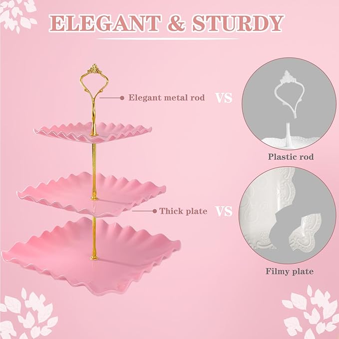 5 Pcs Dessert Table Display Set, Pink Plastic 2 Pcs Square 3 Tier Cupcake Stand Cup Cake Tower Stand with Metal Rod & 3 Pcs Serving Tray for Baby Shower, Tea Party, Wedding, Birthday Party