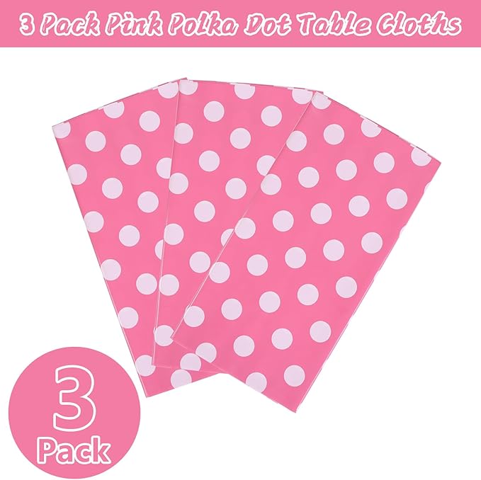 Kesfey 3 Packs Minnie Mouse Tablecloth 54 x 108 Inch Pink Polka Dot Table Cloths Disposable Plastic Pink Waterproof Picnic Table Covers Pink and White Dots Minnie Tablecover for Birthday Party