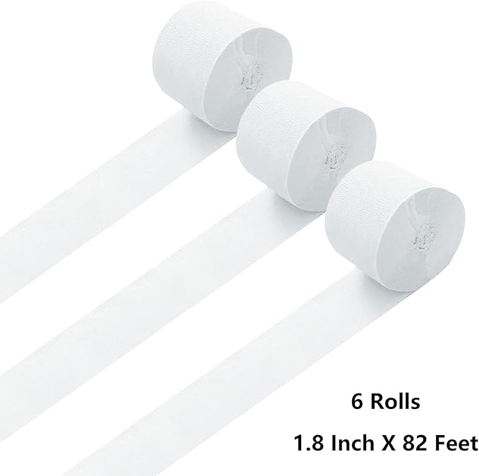 GAKA White Crepe Paper Streamers 1.8 Inch Wide 82 Feet Per Roll,Party Streamers for Wedding Birthday Party Decorations(6 Rolls)