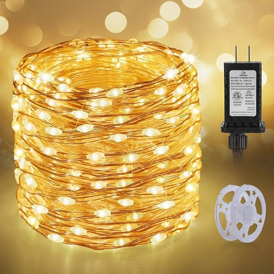 KNONEW 100FT 293 LED Outdoor Fairy Lights Plug in, Christmas Fairy Lights Outdoor Waterproof 8 Modes Memory Times for Wedding Bedroom Walls Garden Trees Decoration(Warm White)