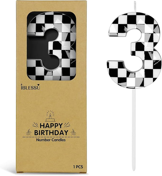 Number 3 Racing Cars Birthday Candles,2.68 Inch Black White Checkered Birthday Number Candles, Cool Racing Themed Number Candles for Boys and Girls, Kids Race Car Themed Party Decorations Supplies