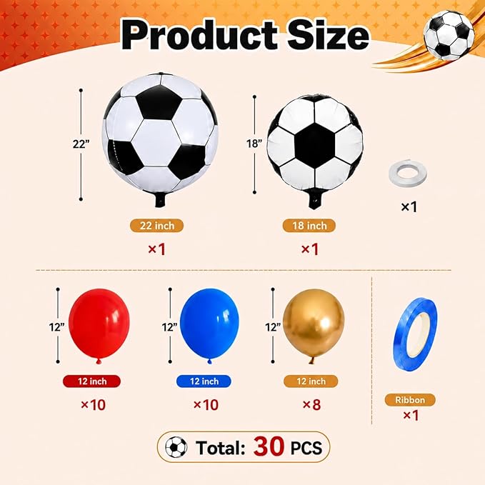 Soccer Balloons, 12 Inch Red and Blue Metallic Gold Latex Balloons with Soccer Ball 4D Foil Balloon for Boys Kids Sport Theme Birthday Decorations Football Lover Men Party Baby Shower Decor Supplies