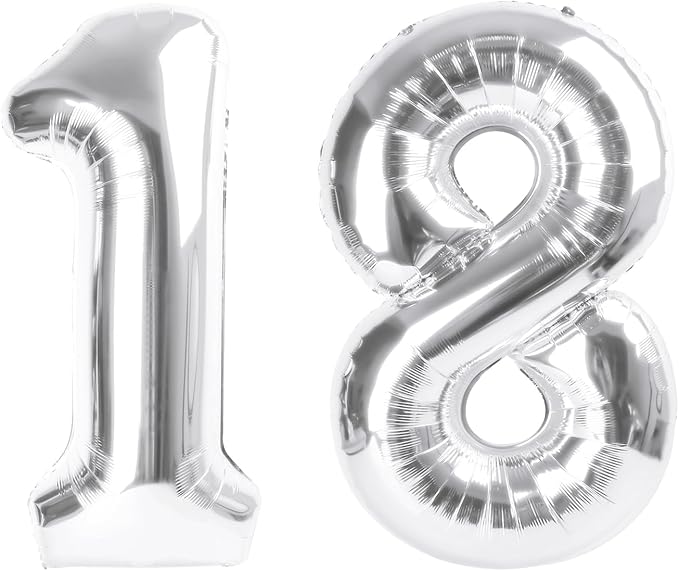 Number Balloon 40 Inch Silver, 18th Birthday Party Decoration for 1 8 18 81 Men & Women, Big Foil Balloon Number for Wedding Celebration Adult Party Supplies