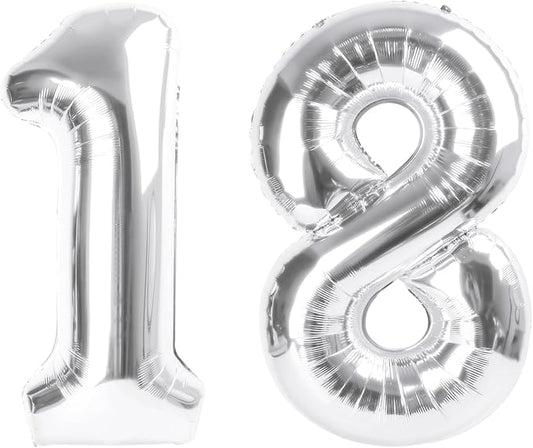 Number Balloon 40 Inch Silver, 18th Birthday Party Decoration for 1 8 18 81 Men & Women, Big Foil Balloon Number for Wedding Celebration Adult Party Supplies