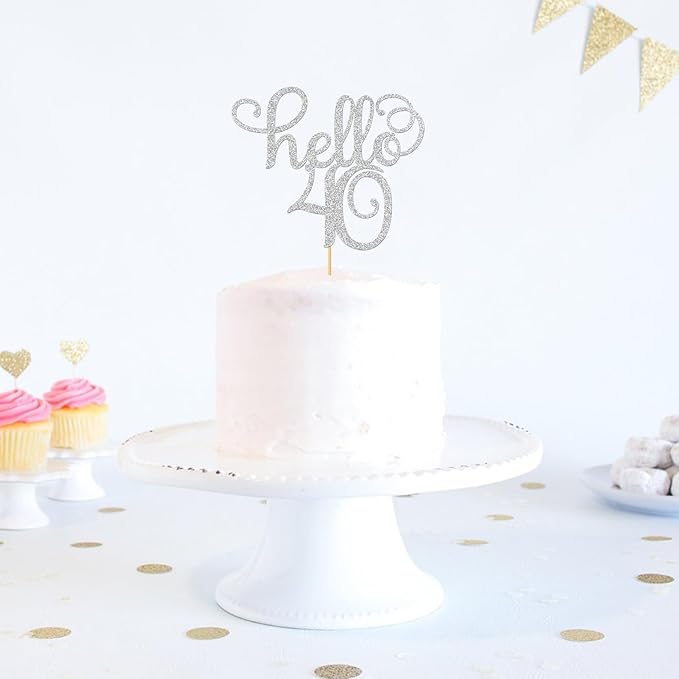 Sliver Glitter Hello 40 Cake Topper - Cheers to 40th Years - 40 and Fabulous Cake Topper - 40th Birthday/Wedding Anniversary Party Sign Decorations