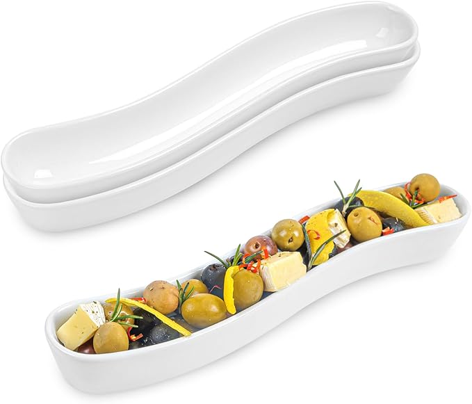 Restaurantware Swerve 10 Ounce Olive Plate 1 Curved Olive Tray - Medium Chip Resistant White Porcelain Olive Canoe Dishwasher Safe For Snacks Condiments Or Appetizers