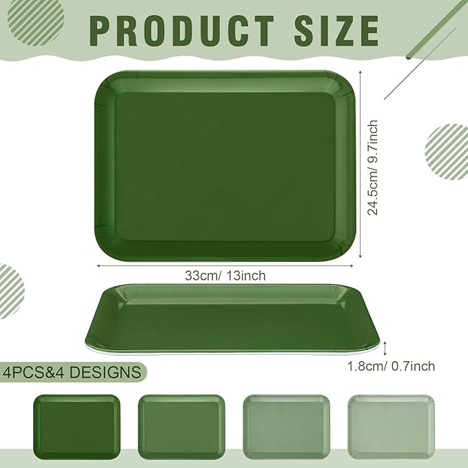 4 Pieces Serving Trays Melamine Platters Reusable Rectangle Party Trays for Theme Party Food Dessert Serving Supplies, 13 x 9.7 inch(Sage Green,Boho)