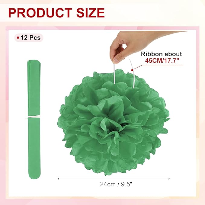 PATIKIL 10inch Tissue Paper Pom Poms, 12PCS Pom Poms Paper Flowers Ball Tissue Paper Flowers for Wedding Bridal Shower Birthday Bachelorette Party Backdrop Decoration, Dark Green
