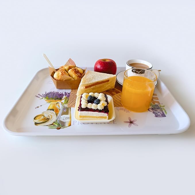 Large Serving Platter Melamine Trays 2 Pack Stackable Food Tray with Floral Print for Gift, Party, Decor, Home, Restaurant (Purple Lavender, Large)