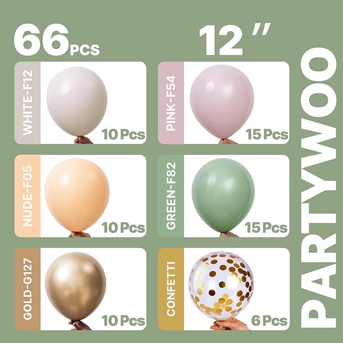 PartyWoo Pink and Green Balloons 66pcs 12 Inch Metallic Gold Sand White Sage Green Nude Dusty Pink Gold Confetti Balloons for Baby Shower Wedding Engagement Princess Birthday Party Decorations
