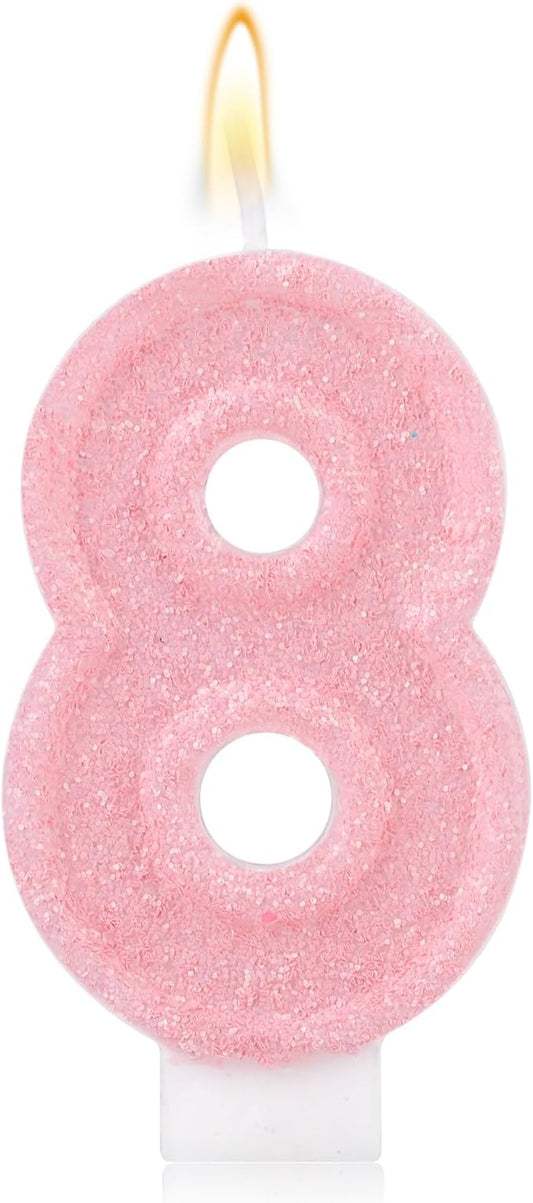 Pink Number Birthday Candles, Romantic Cake Glitter Pink Number Candles Anniversary Cake Topper Decoration Cute Birthday Party Supplies for Wedding Anniversary Celebration Supplies (8)