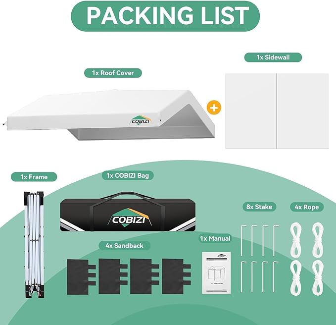 COBIZI 10x10 Pop Up Canopy with One Button Push Center Lock,Ez Up Portable Carport Without sidewall,Waterproof UV50+ Outdoor Party Commercial Carport Canopy with Carry Bag(10 x 10 ft White)