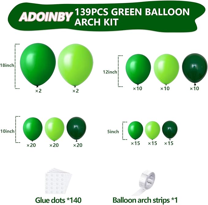 Green Balloons Arch Kit, 139Pcs Green Balloon Garland Kit Lime Green Emerald Dark Green Balloons for Birthday, Baby Shower, Wedding, Jungle Party, Forest Themed, Anniversary Party Decoration