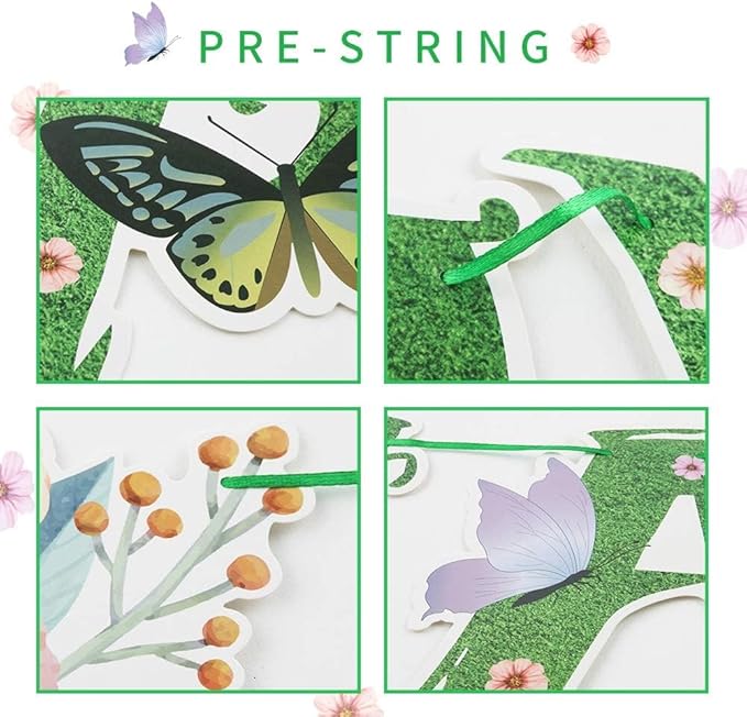 SUNBEAUTY Wildflower Happy Birthday Banner Green Spring Butterfly Flowers Party Banner Floral Birthday Decoration Spring Butterfly Birthday for Women Girl Baby Shower Garden Tea Fairy Party Supplies | Pre-Strung