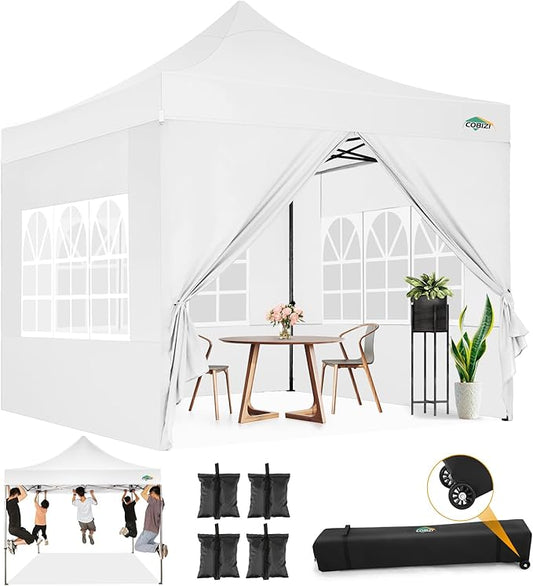 COBIZI 10x10 Pop Up Canopy with Sidewalls Heavy Duty Commercial Tent Easy Up Outdoor Canopy for Party, Wedding, Event and Backyard, All Season Windproof&Waterproof with Roller Bag UPF 50+, White