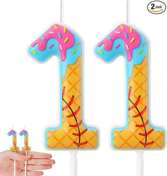 Conelist Baseball Ice Cream Drip Birthday Number Candles Baseball Drip Cake Topper Candle Cupcake Topper Decoration for Sport Theme Happy Birthday Party Favors Anniversary Supplies (2 Pcs,11th)