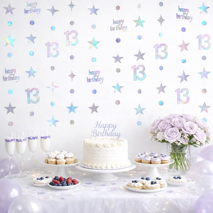 GCQQ 13th Birthday Hanging Decorations - 4 Packs Iridescent Happy 13th Birthday Banner 13 Year Old Circle Dot Twinkle Star Garland 46FT Thirteen Metallic Streamer Backdrop for Girl Boy Birth Day Party