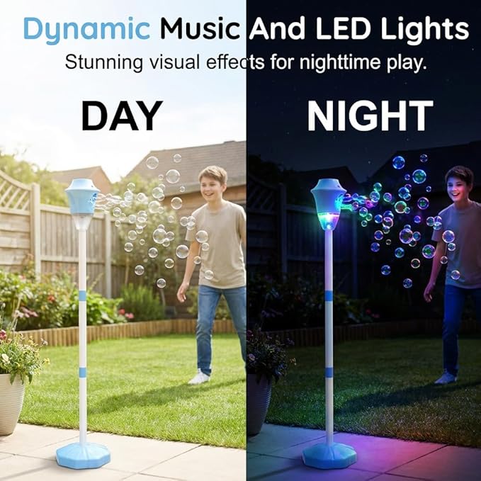 Automatic Bubble Machine, Standing Bubble Blower with Light & Music, 4 Height Adjustable Bubble Maker, Outdoor Bubble Machine for Party Birthday Wedding Garden (Red)