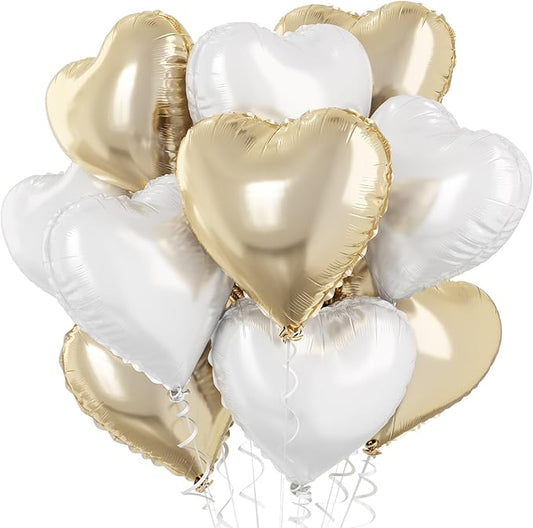 Gold White Foil Heart Balloons, 18 Inch 10 Pcs Pastel Yellow White Foil Heart Shape Balloons Large Light Yellow and White Heart Balloons for Birthday Wedding Graduation Baby Party Valentines