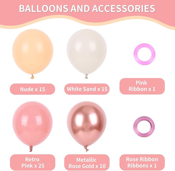RUBFAC 65pcs 12 Inches Retro Pink Balloons Metallic Blush Rose Gold White Sand Nude Party Balloons with Ribbons for Birthday, Wedding, Baby Shower, Graduation Decorations