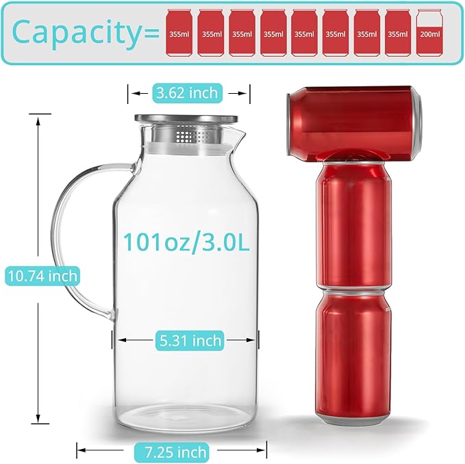 Bivvclaz 3 Liter 101 oz Glass Pitcher with Lid and Handle, Water Pitcher for Fridge, Glass Carafe for Hot/Cold Water, Large Iced Tea Jug for Coffee, Juice and Homemade Beverage