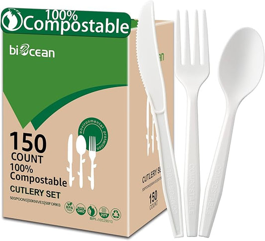 100%Compostable No Plastic Knives Disposable Forks Spoons Plastic Utensils, The Heavyweight Heavy Duty Flatware is Eco Friendly Products for Lounge Party Wedding BBQ Picnic Camping [150 Count]