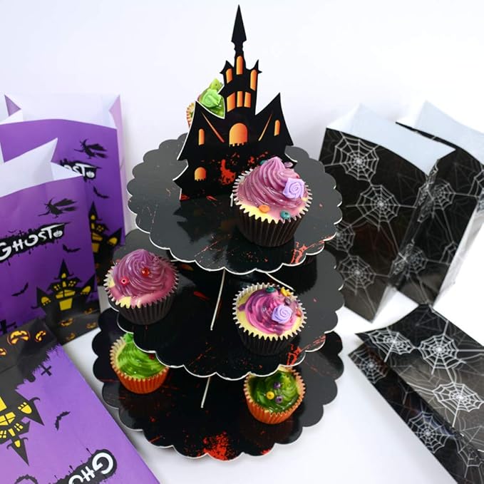 Halloween Party Supplies 3 Tier Cupcake Stand Cardboard Cake Stand Gothic Tower for Halloween Party Decorations